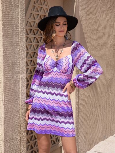 Printed Sweetheart Neck Balloon Sleeve Dress